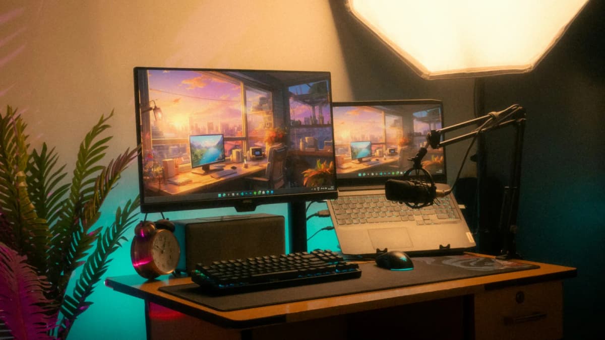 A home office workspace with uneven lighting casting shadows across the desk, illustrating the subtle signs of bad lighting that cause eye strain and fatigue.