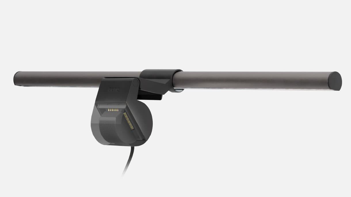 A studio product image of the BenQ ScreenBar Halo clamp and light bar assembly against a light background.