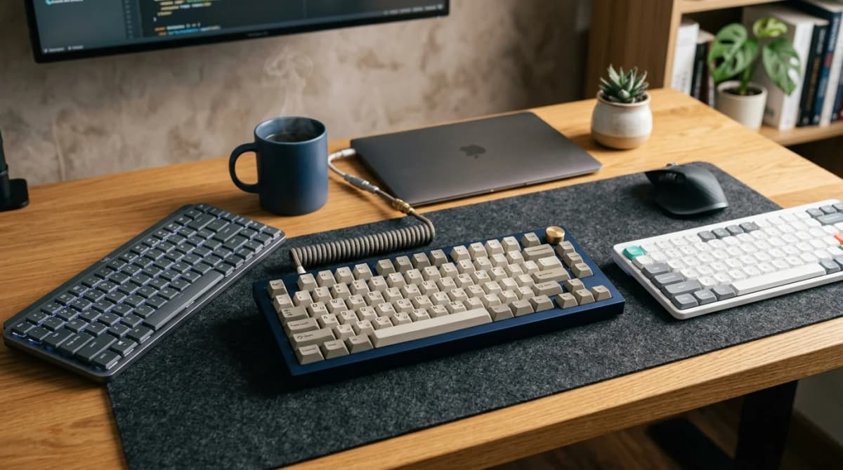 A selection of modern mechanical and low-profile wireless keyboards arranged on a clean wooden desk setup.
