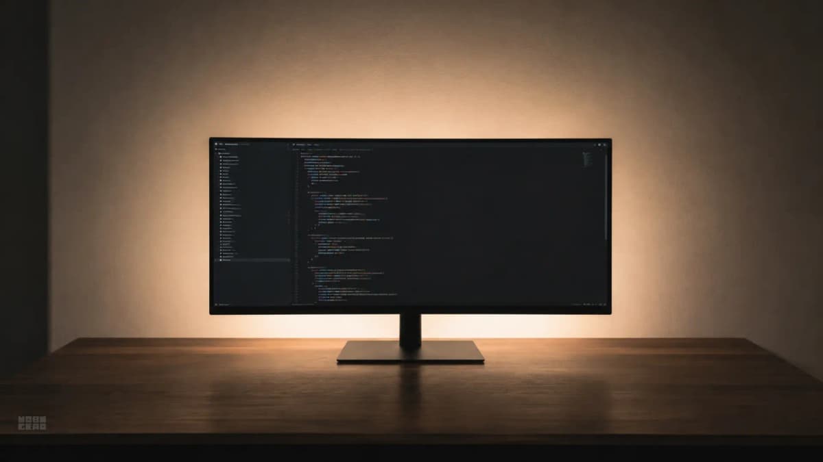 A monitor on a desk with soft bias lighting glowing behind it against a dimly lit wall.