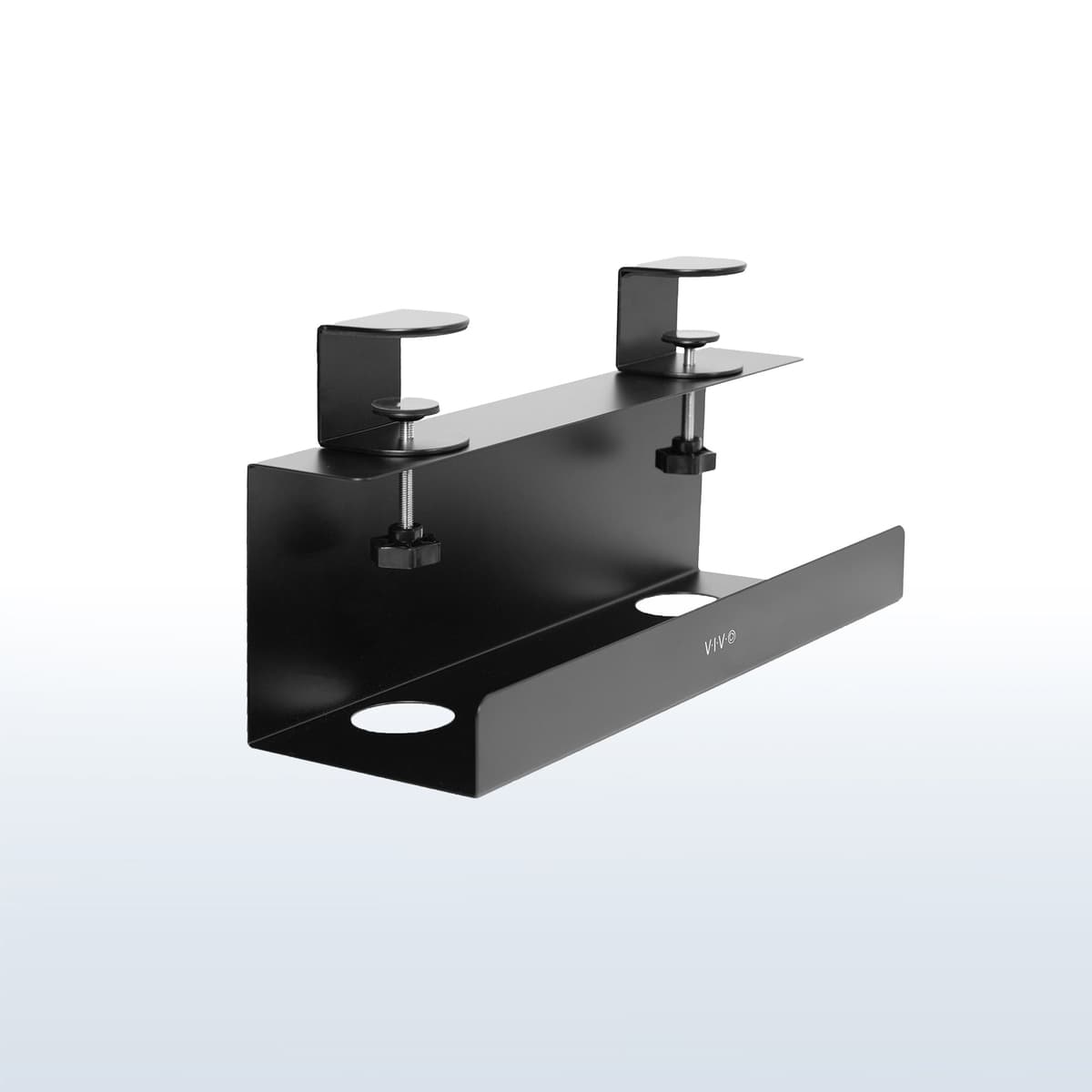 A black clamp-on cable tray shown in an official product image against a light background.