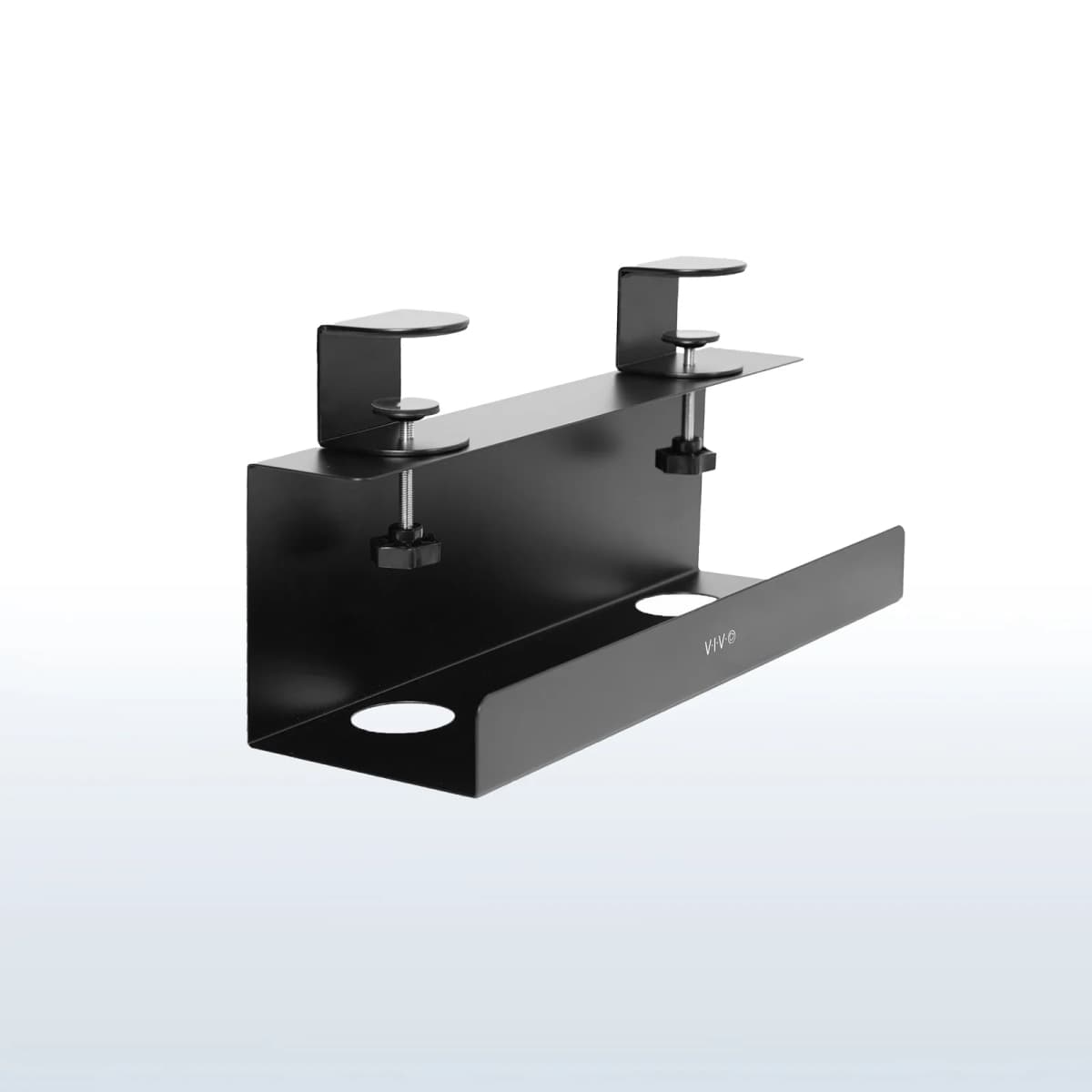 A black clamp-on cable tray shown in an official product image against a light background.