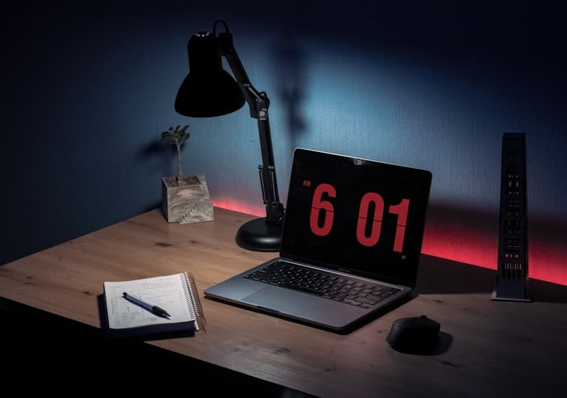 A wooden desk with a black task lamp positioned toward the back corner beside a laptop, notebook, and mouse in a dimly lit workspace.
