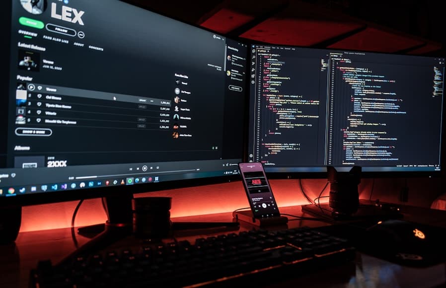 A programmer desk setup with a monitor, keyboard, and laptop on a dark work surface.