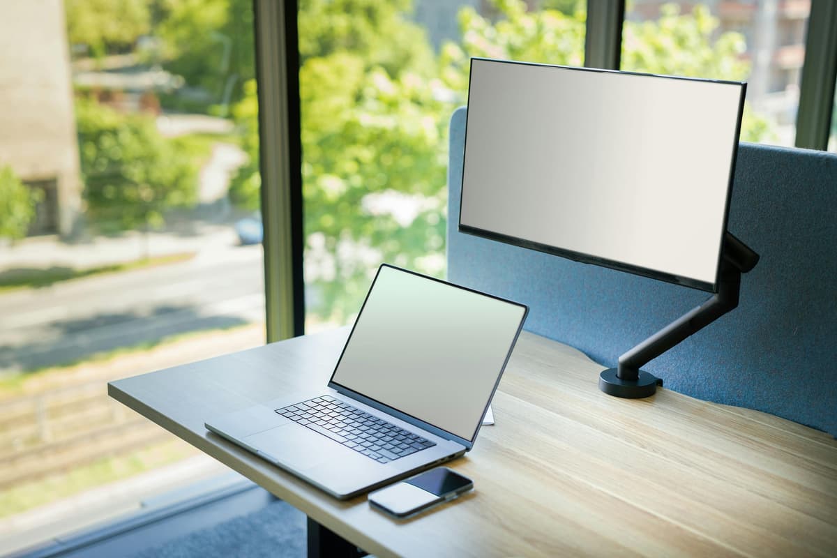 A compact desk with a laptop and an external monitor mounted on a black monitor arm beside a window.