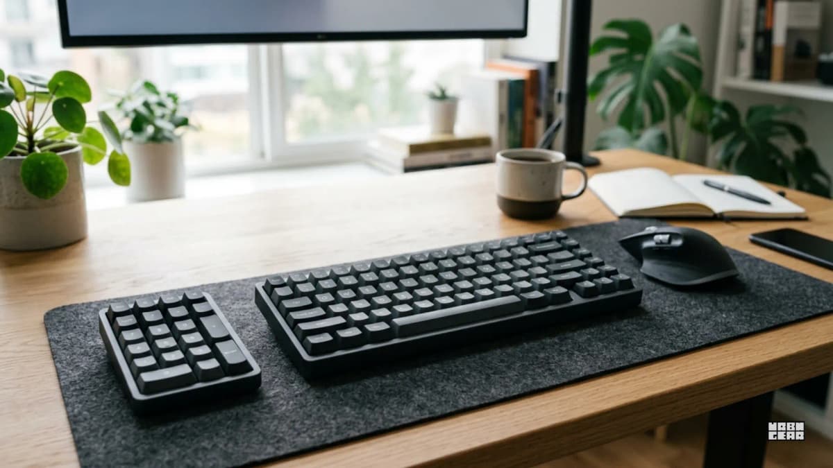A desk setup with a compact keyboard, separate numpad, mouse, and wide desk mat.