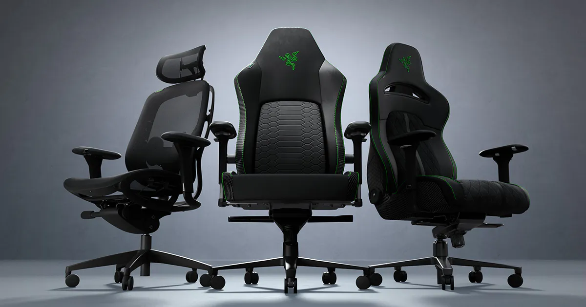 A black gaming chair highlighted against a dark background.