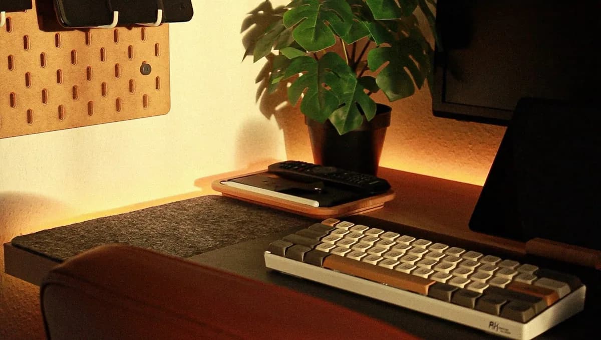 A tidy desk with a keyboard, mouse, and small plant on the work surface.