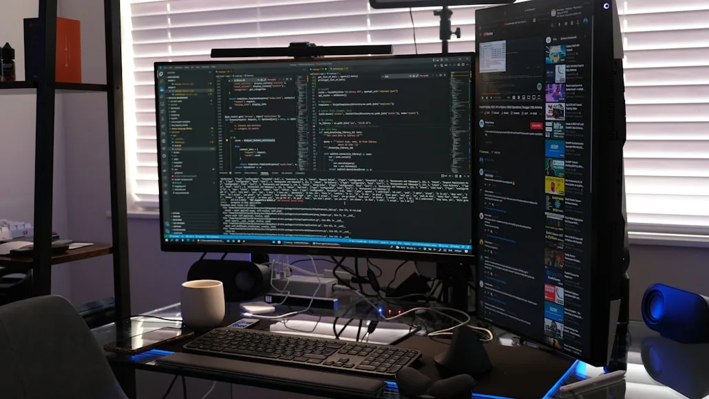 A work desk setup with multiple monitors and accessories arranged in a modern workspace.
