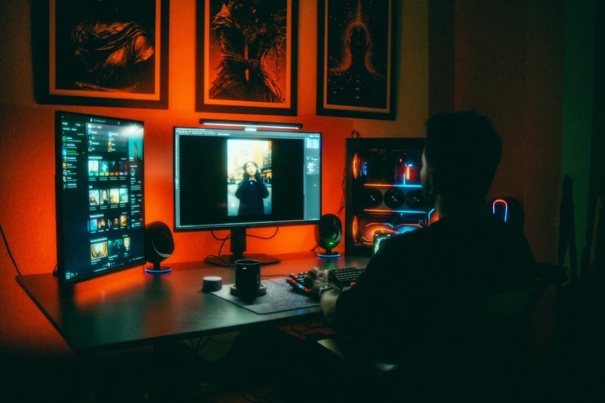 A well-organized home office desk with ergonomic chair, monitor arm, and lighting setup.