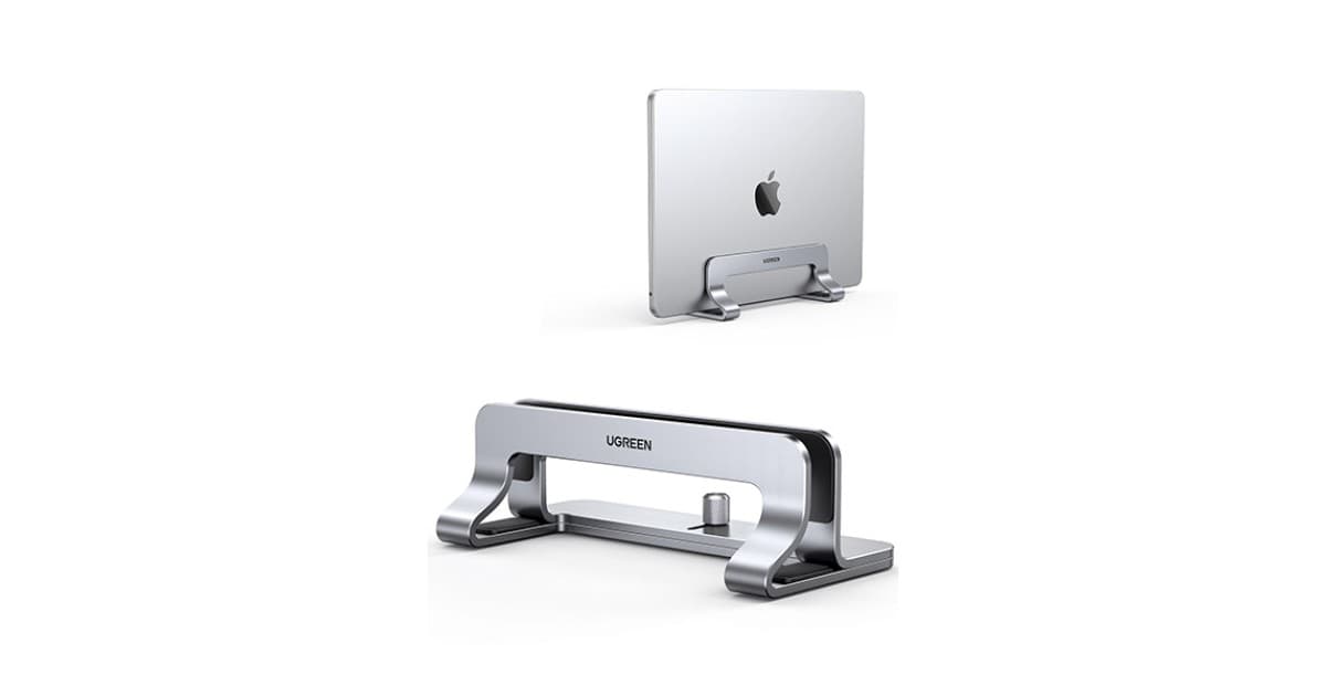 A silver UGREEN adjustable vertical laptop stand shown in a product photo.
