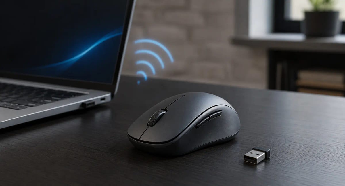 An unbranded wireless mouse and its USB receiver beside a laptop with a subtle Bluetooth signal.