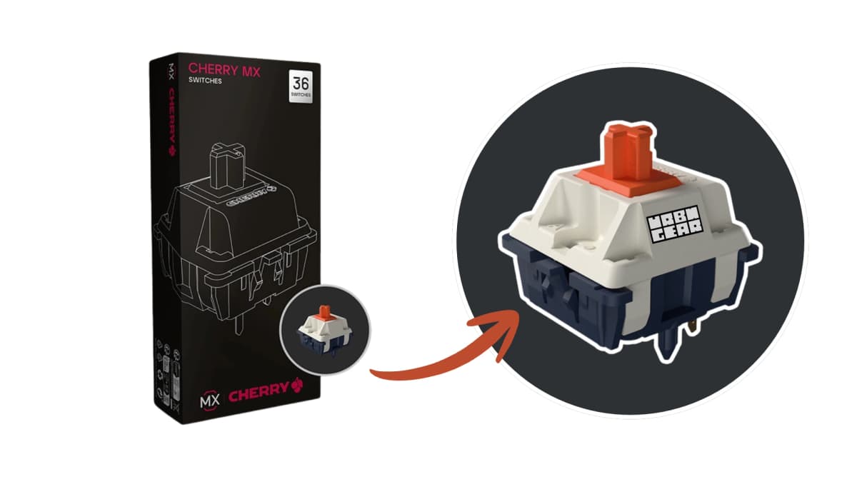 CHERRY MX Falcon Switch Kit with ivory and navy housing, orange POM longpole stem, displayed in eco-friendly cardboard packaging.