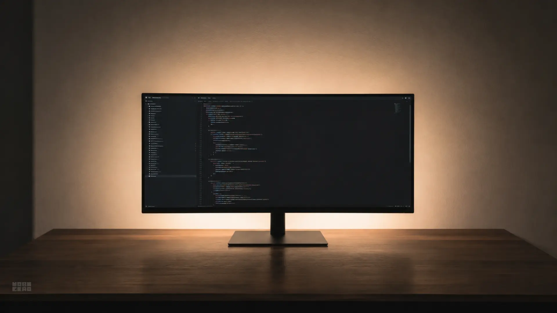 A monitor on a desk with soft bias lighting glowing behind it against a dimly lit wall.