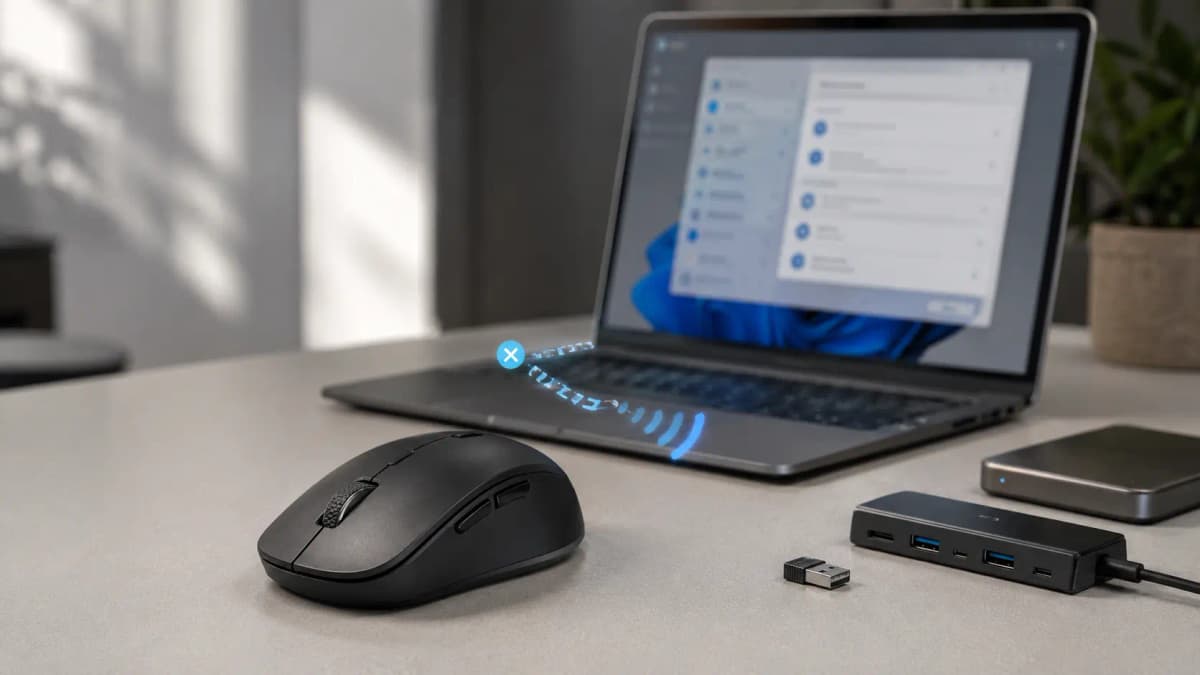 A Bluetooth mouse on a desk beside a laptop with an interrupted blue wireless signal between them.
