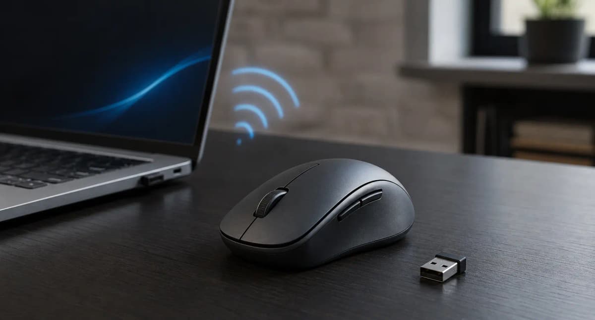 An unbranded wireless mouse and its USB receiver beside a laptop with a subtle Bluetooth signal.