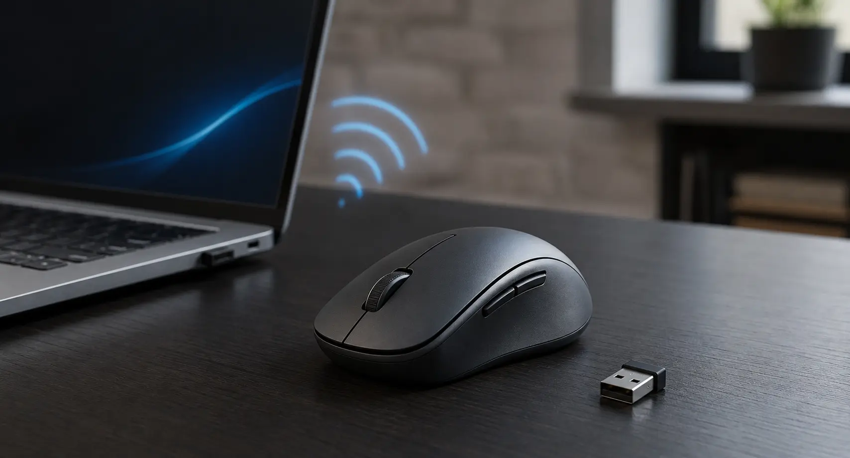 An unbranded wireless mouse and its USB receiver beside a laptop with a subtle Bluetooth signal.