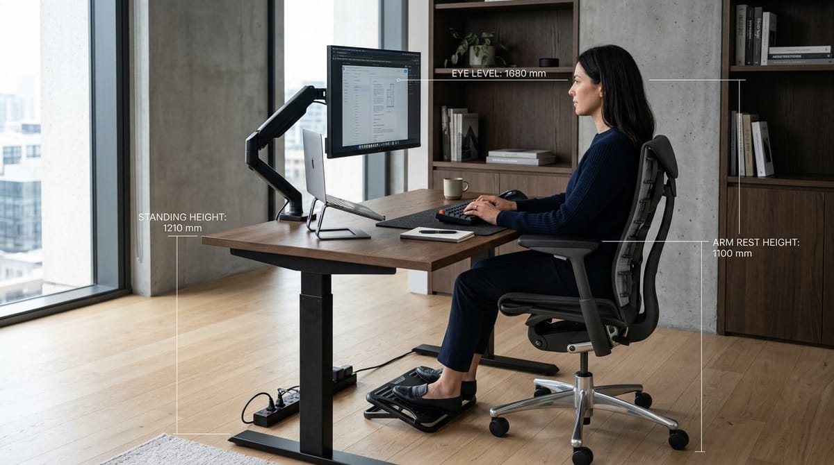 An engineer seated at an adjustable desk with measurement guidelines for eye level, armrest height, and footrest angle.
