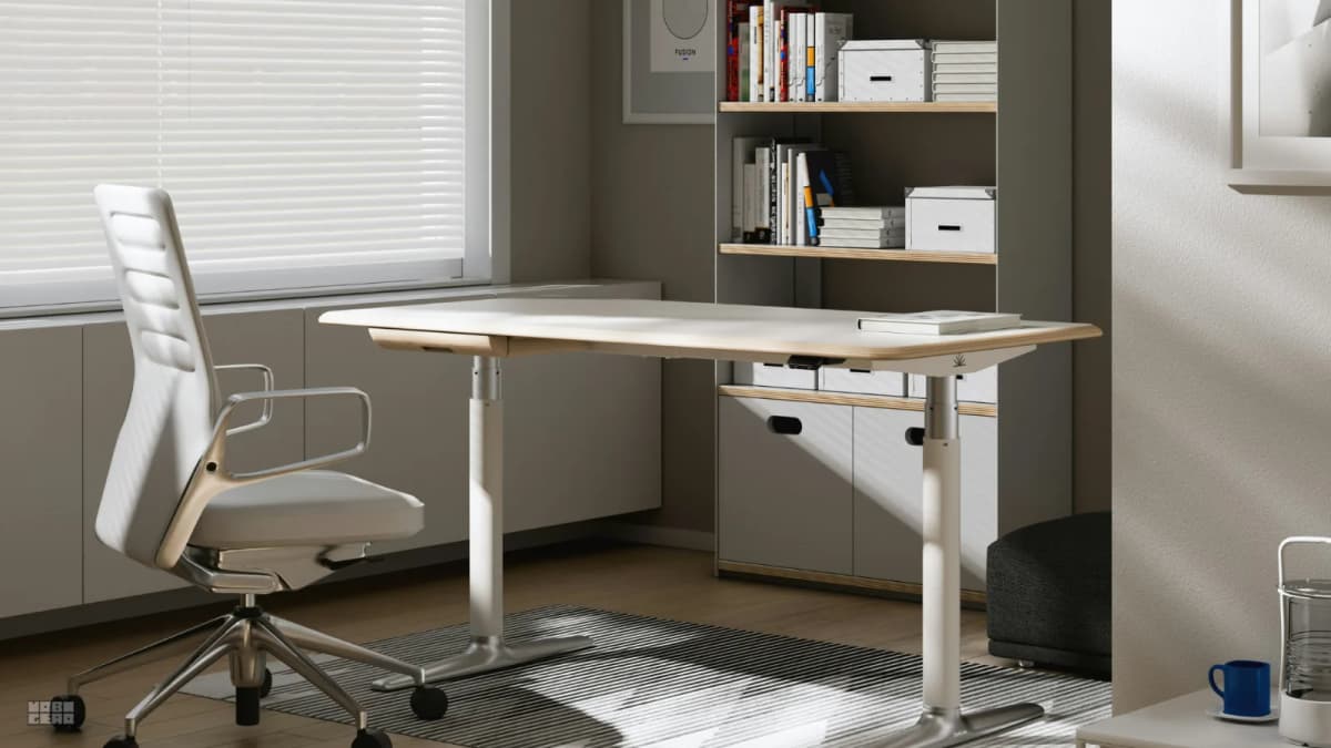 A clean, well-organized ergonomic home office desk setup.