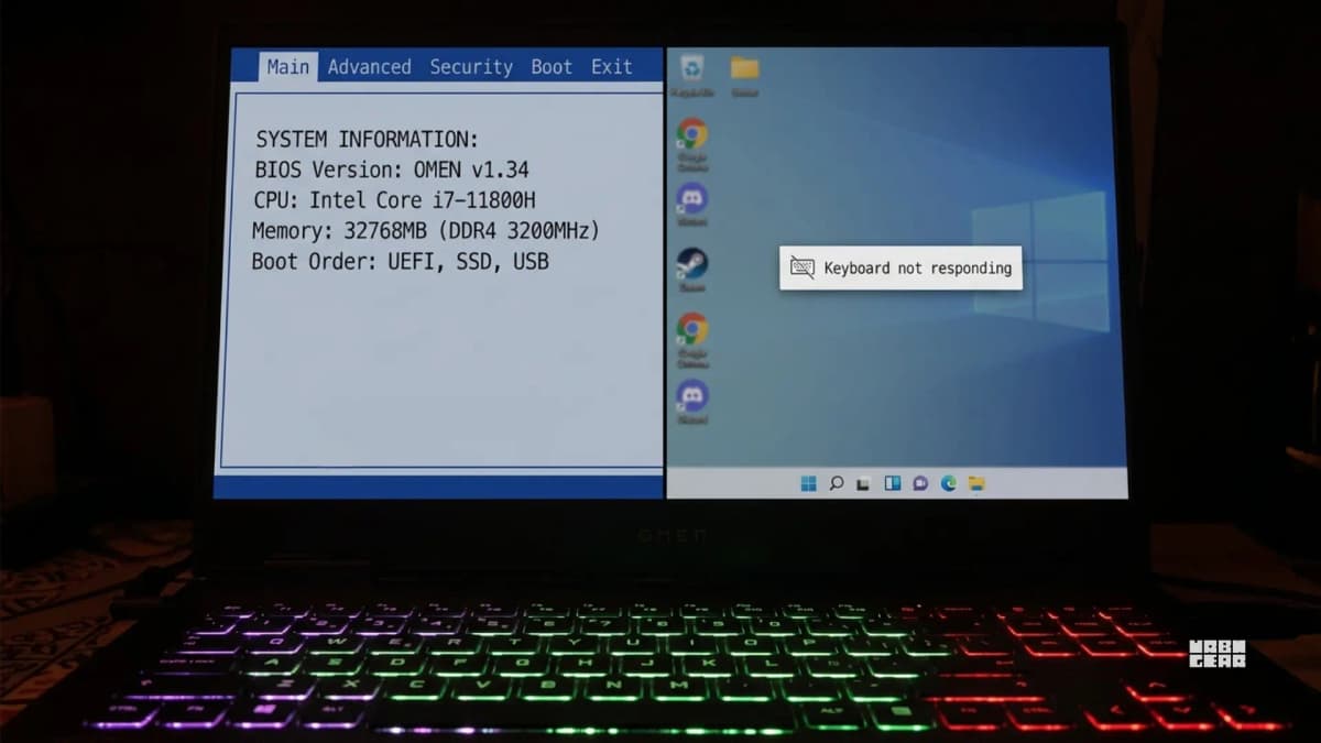 A laptop keyboard and screen, representing a keyboard that works in BIOS but not once Windows loads.