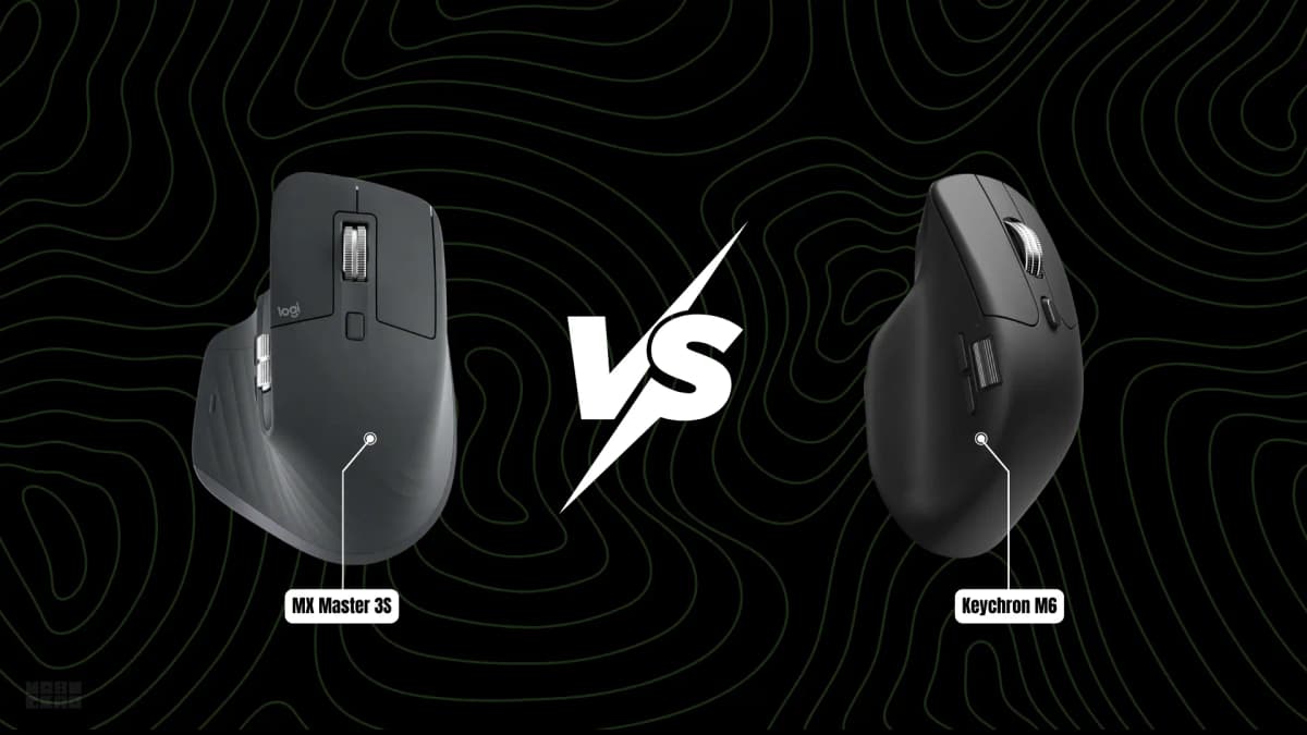 Logitech MX Master 3S and Keychron M6 wireless mice side by side on a desk.