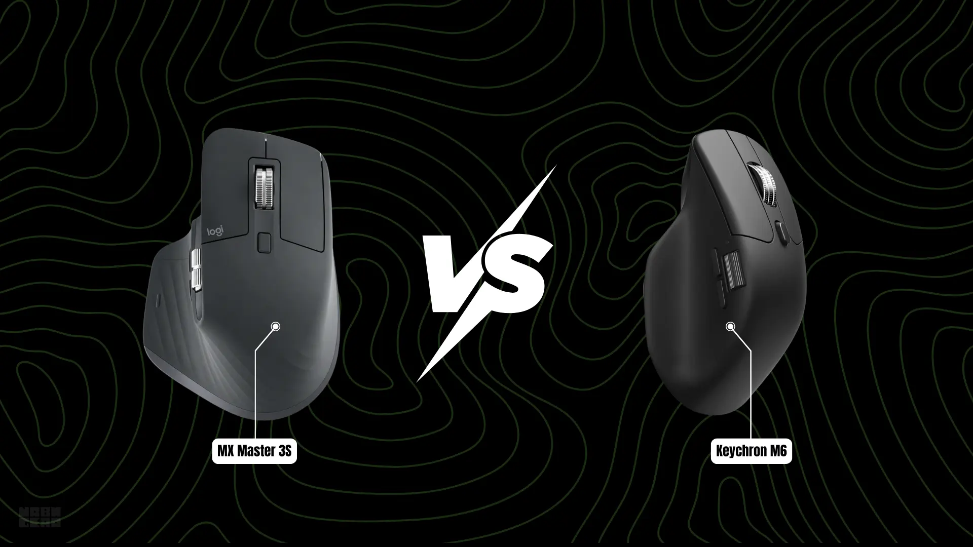 Logitech MX Master 3S and Keychron M6 wireless mice side by side on a desk.