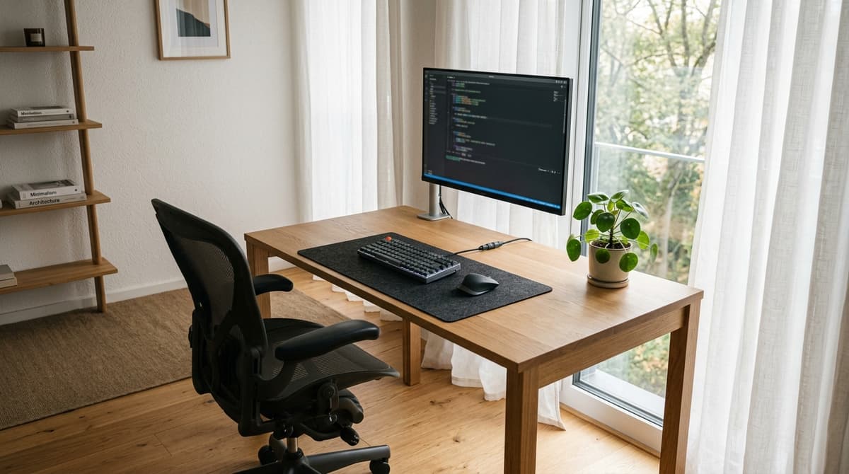 A clean modern desk positioned perpendicular to a bright window with soft diffused natural light.