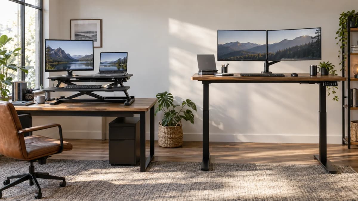 A clean sit-stand desk with a monitor and accessories in a bright workspace.