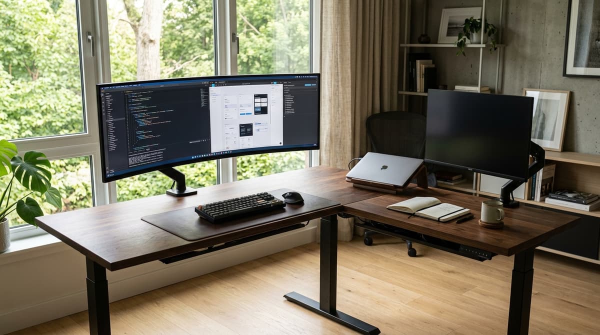 An L-shaped standing desk with curved ultrawide monitor setup showing clean cable routing and dual workflow wings in a modern home office.