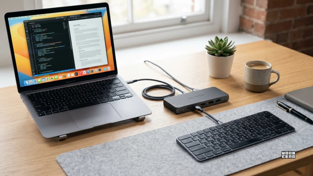 A keyboard routed through a desk dock setup, illustrating lag and freezing issues caused by the connection path.