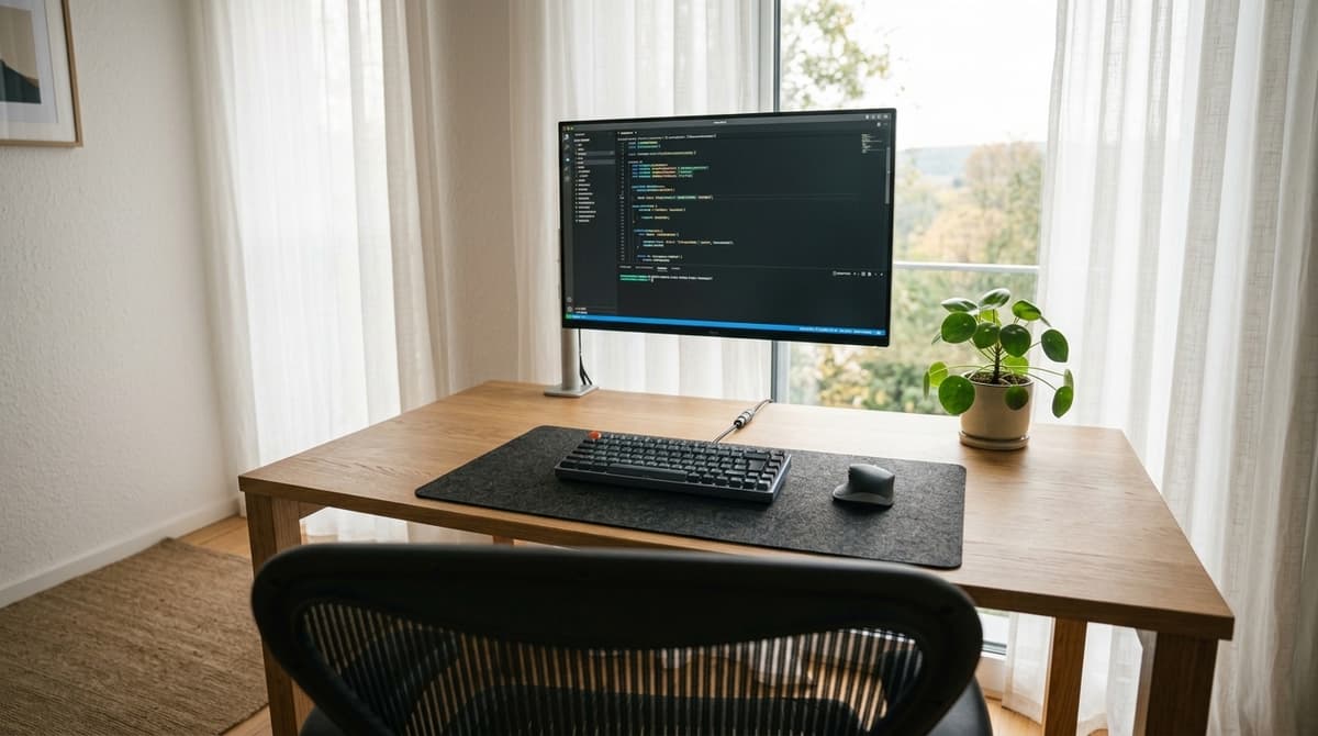 Seated eye-level view of a workstation setup positioned near natural window light