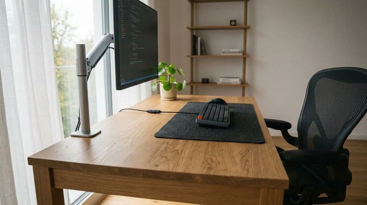 Side profile view showing an oak desk positioned perpendicular to a floor-to-ceiling window