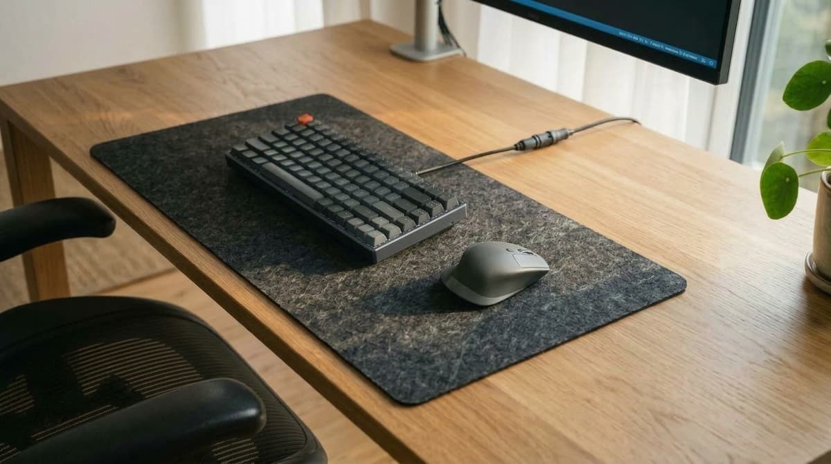 Top-angled detail view of the desk surface with soft lateral daylight entering from the left