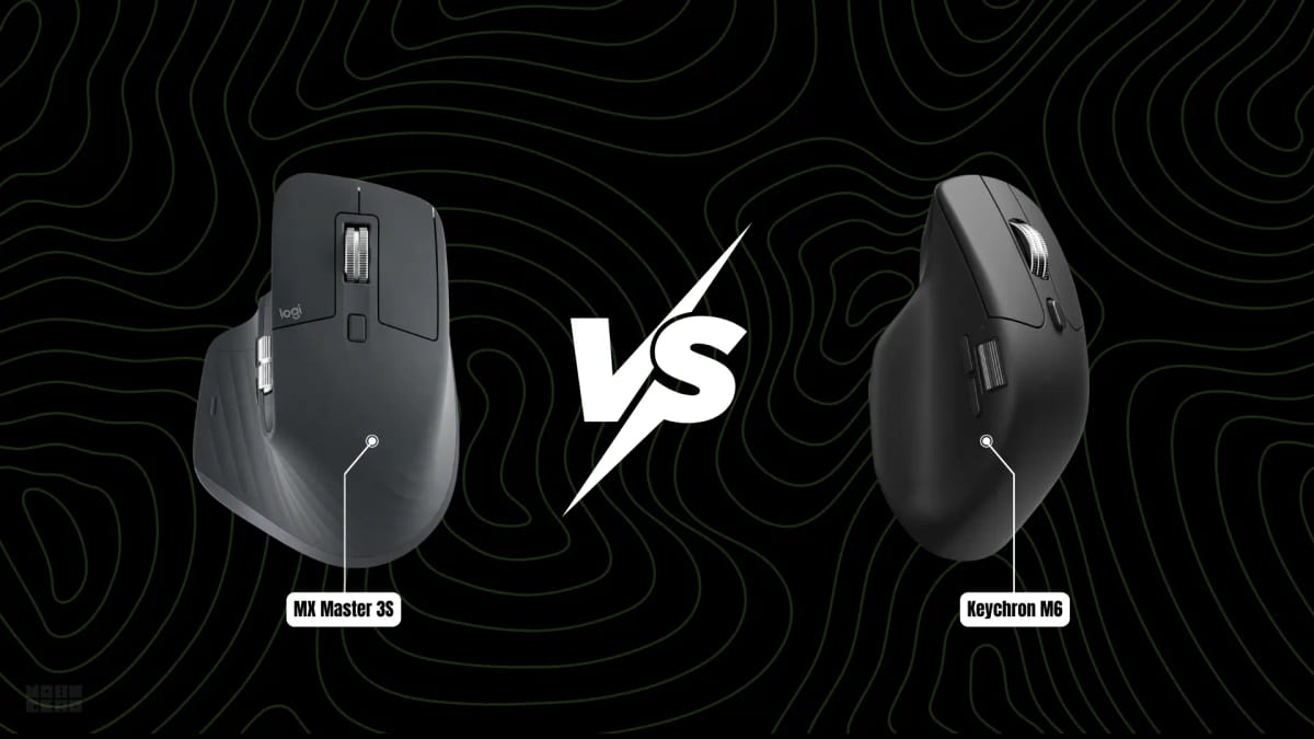 Logitech MX Master 3S and Keychron M6 wireless mice side by side on a desk.