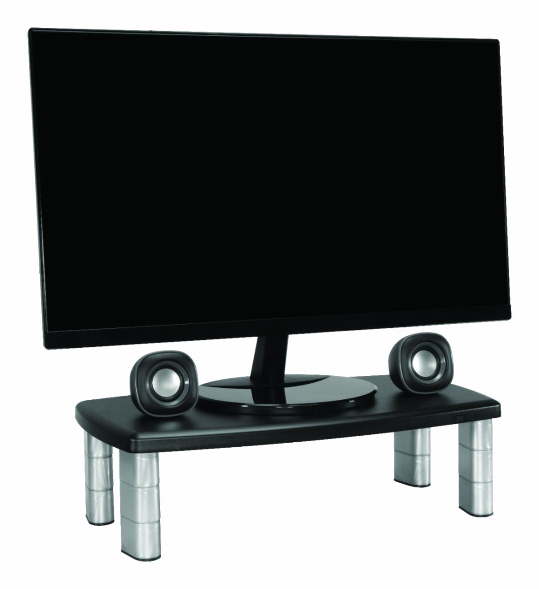 3M Extra Wide Adjustable Monitor Stand MS90B shown with a monitor and speakers in an official product image.
